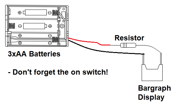 Drawing showing how to test bargraph polarity with a battery and resistor
